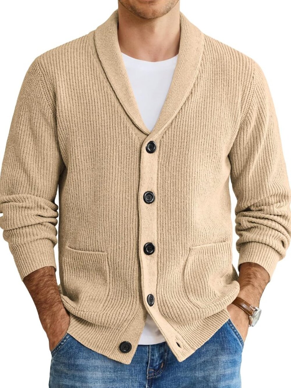 Mens Shawl Collar Cardigan Sweater Button up Sweater with Pockets